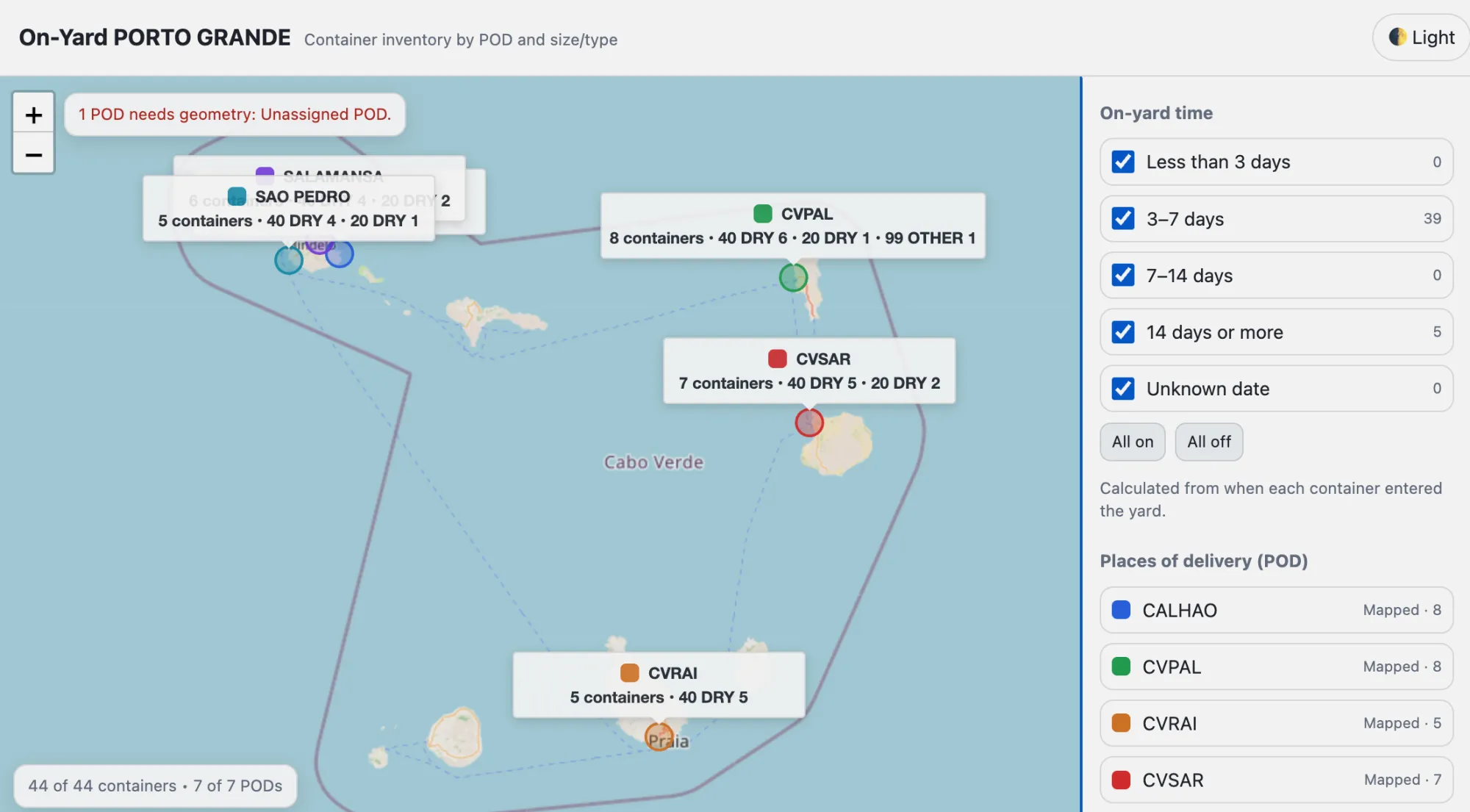 Container yards on map